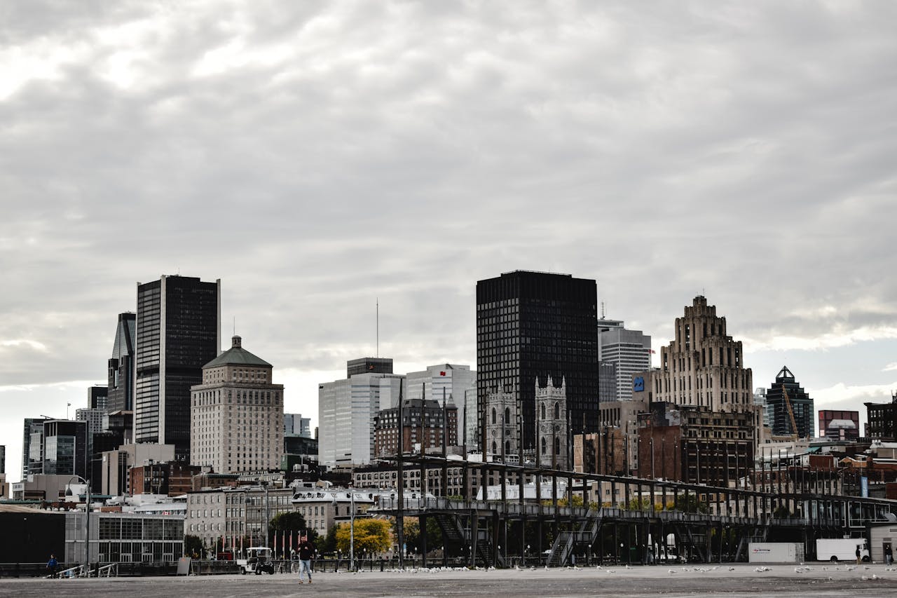 Montreals iconic skyline featuring diverse architectural styles and prominent skyscrapers.